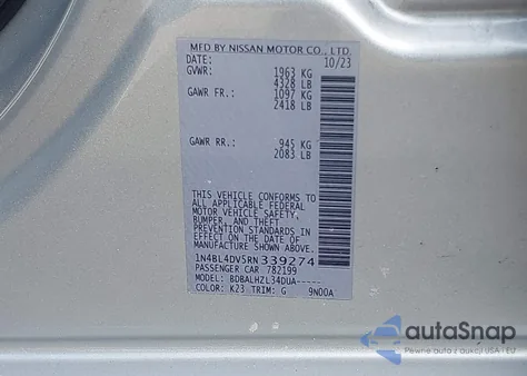 2024 Nissan Altima Sv Fwd из США, поврежденный, VIN 1N4BL4DV5RN339274